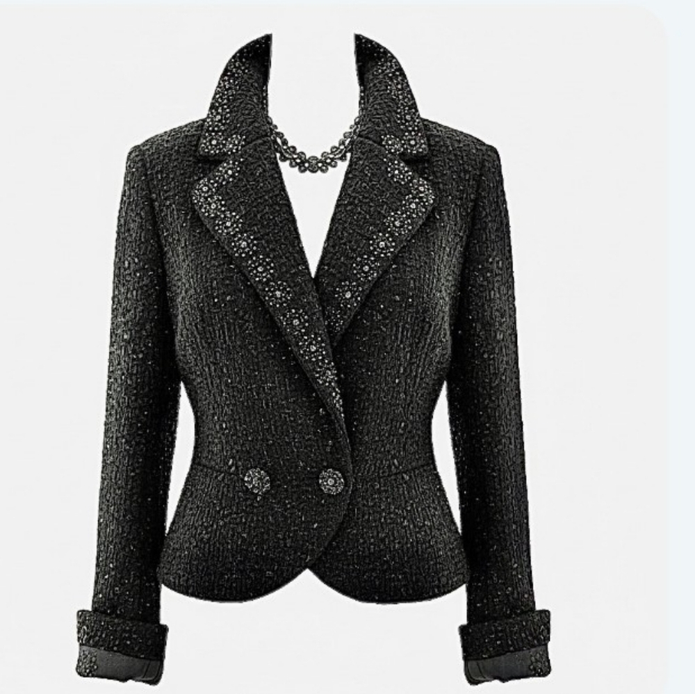 WOW! ST JOHN COUTURE 10 BLACK METALLIC 100's CRYSTALS CHENILLE SILK SUIT JACKET
